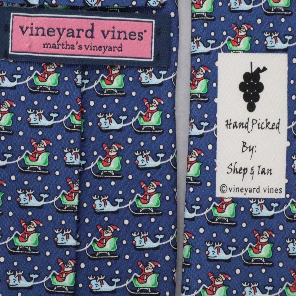 Vineyard Vines Santa Whale Sleigh Blue Silk Christmas Tie Kids Holiday Necktie